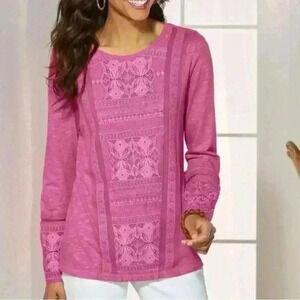 Soft Surroundings Alta Mara Lace Embroidered Top Womens Sz XS Pink